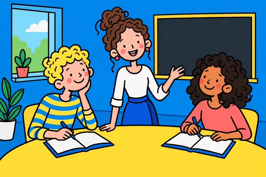 متعلمون ومعلمة حول طاولة في فصل لغة مريح